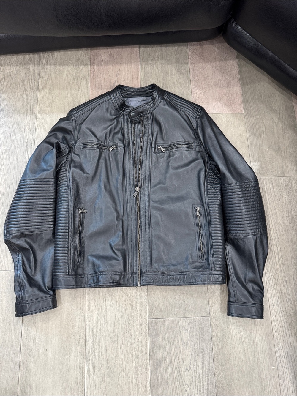 Mango Black Quilted-Detail Leather Bomber Jacket